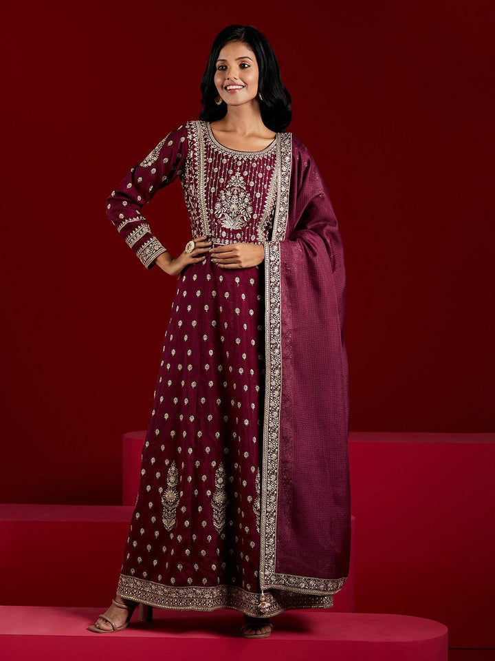 Libas Art Wine Embroidered Silk A-Line Kurta With Trousers & Dupatta - ShopLibas