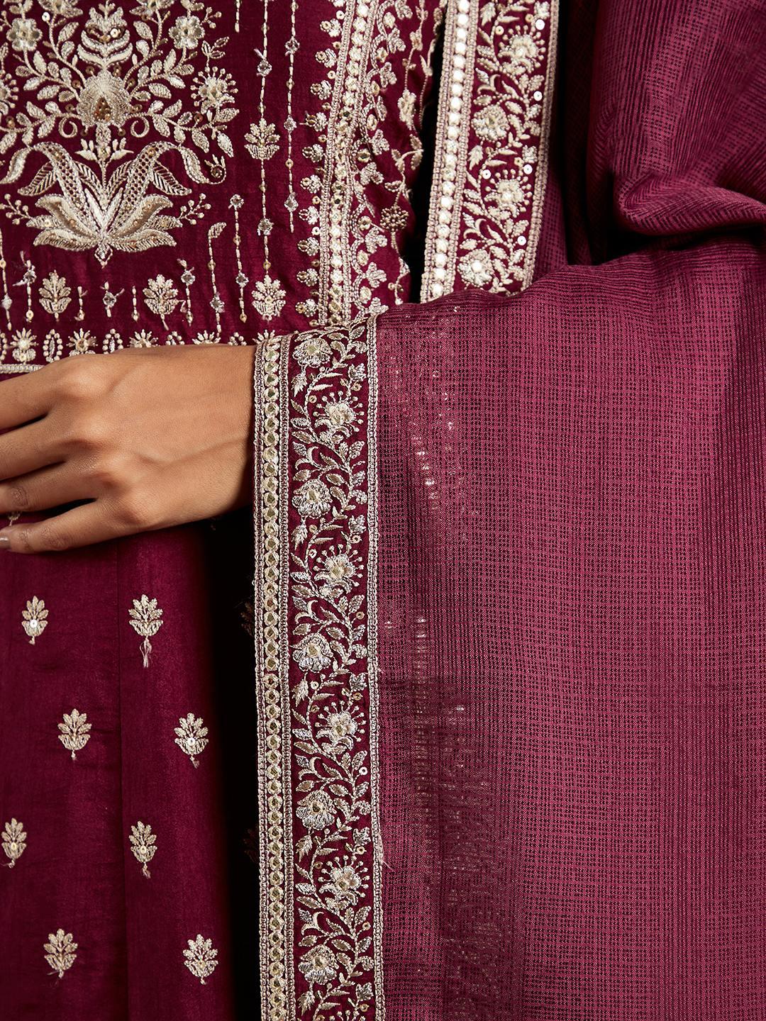Libas Art Wine Embroidered Silk A-Line Kurta With Trousers & Dupatta - ShopLibas