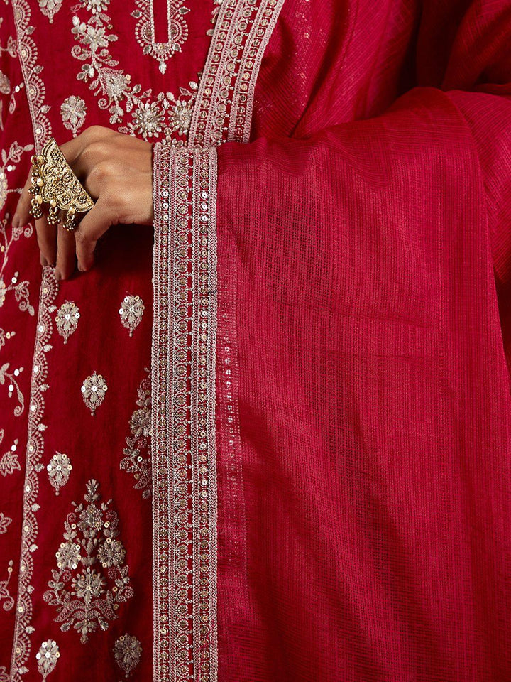 Libas Art Pink Embroidered Silk Straight Kurti With Palazzos & Dupatta - ShopLibas