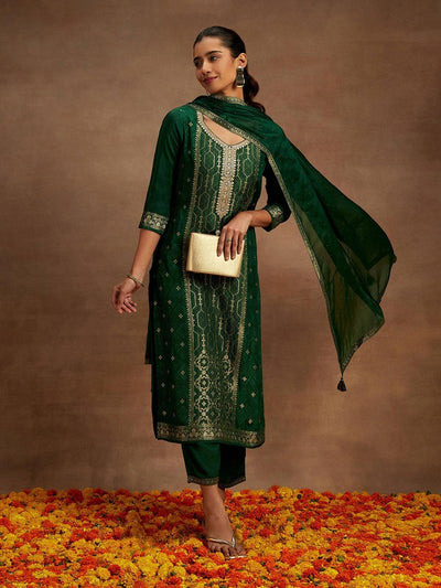 Bottle Green Woven Design Silk Blend Straight Kurta With Trousers & Dupatta - ShopLibas