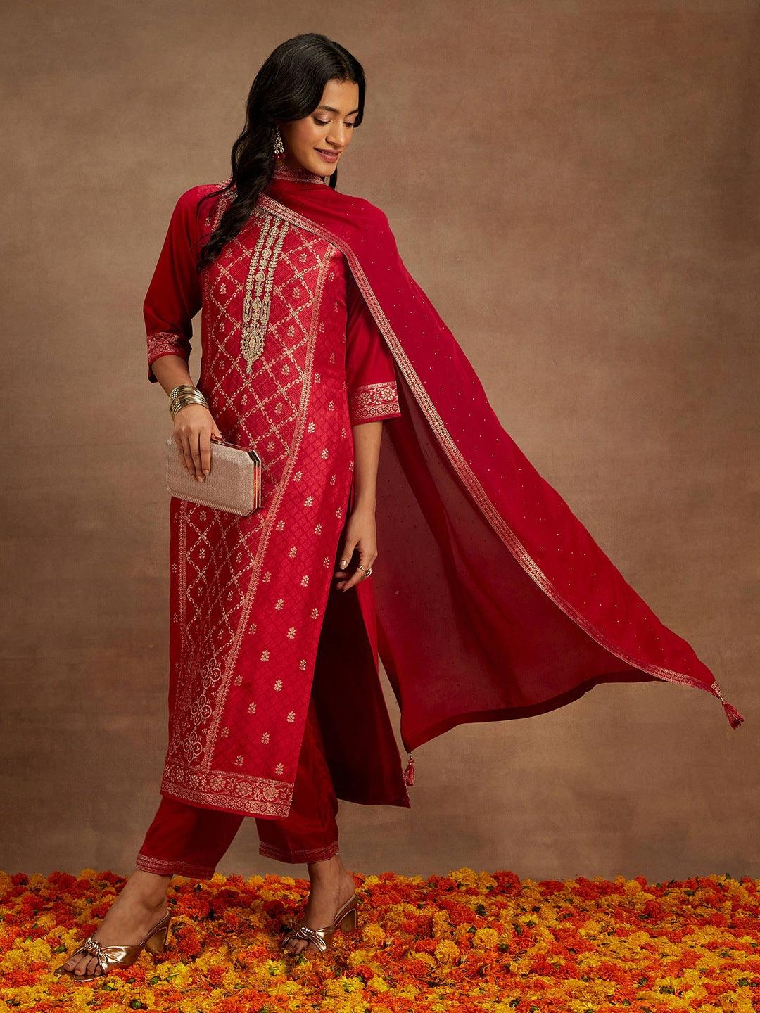 Fuchsia Pink Woven Design Silk Blend Straight Kurta With Trousers & Dupatta - ShopLibas