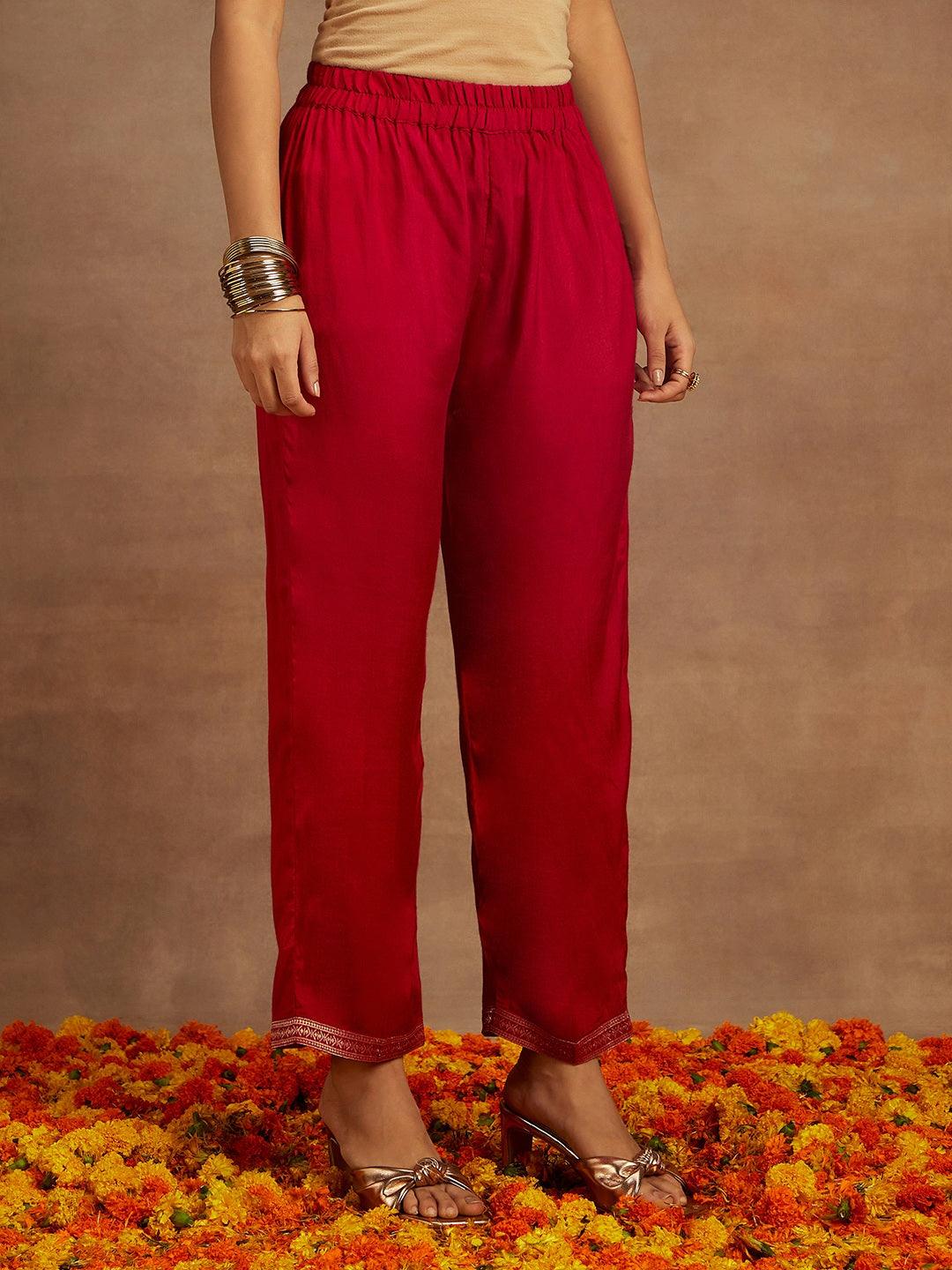 Fuchsia Pink Woven Design Silk Blend Straight Kurta With Trousers & Dupatta - ShopLibas