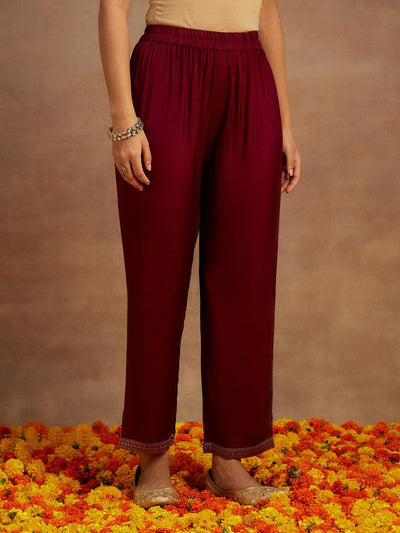 Burgundy Woven Design Silk Blend Straight Kurta With Trousers & Dupatta - ShopLibas
