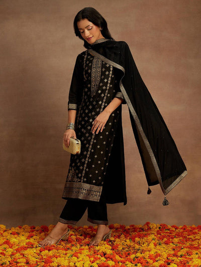 Black Woven Design Silk Blend Straight Kurta With Trousers & Dupatta - ShopLibas