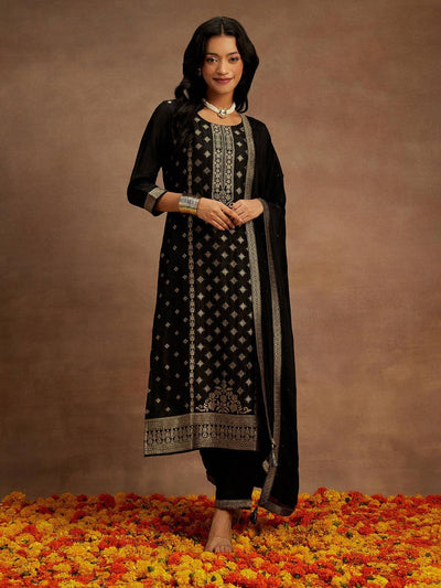 Black Woven Design Silk Blend Straight Kurta With Trousers & Dupatta - ShopLibas