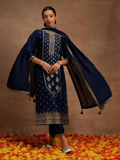 Navy Blue Woven Design Silk Blend Straight Kurta With Trousers & Dupatta - ShopLibas