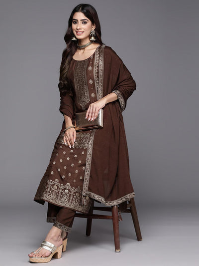 Brown Woven Design Silk Blend Straight Kurta With Trousers & Dupatta - ShopLibas