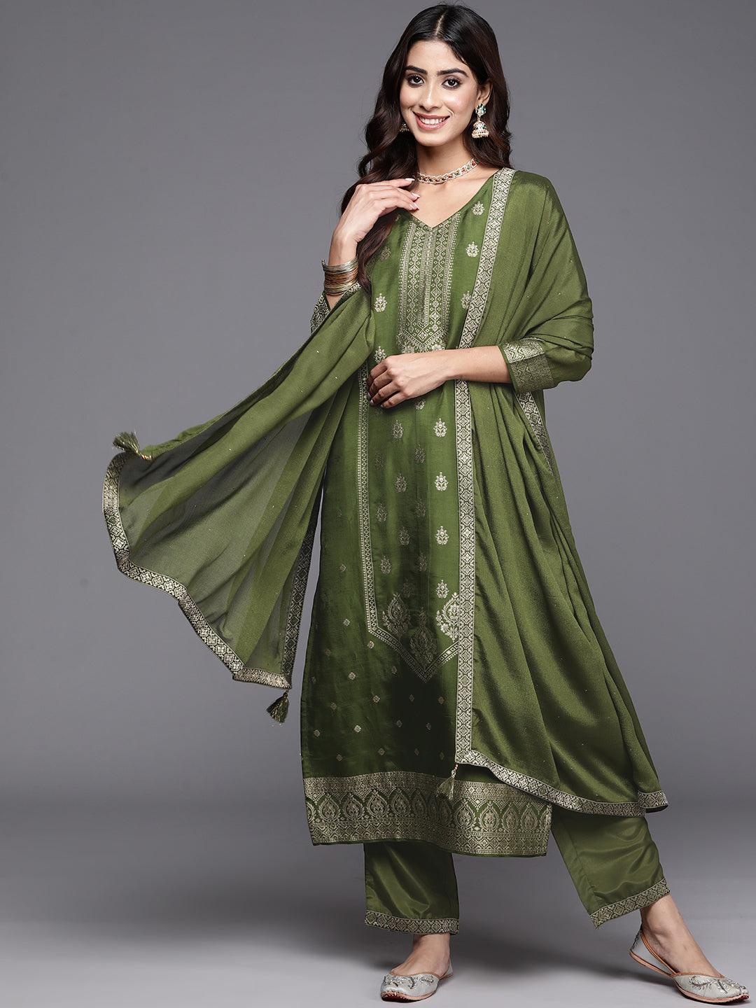 Olive Green Woven Design Silk Blend Straight Kurta With Trousers & Dupatta - ShopLibas
