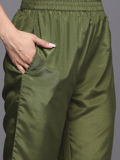 Olive Green Woven Design Silk Blend Straight Kurta With Trousers & Dupatta - ShopLibas