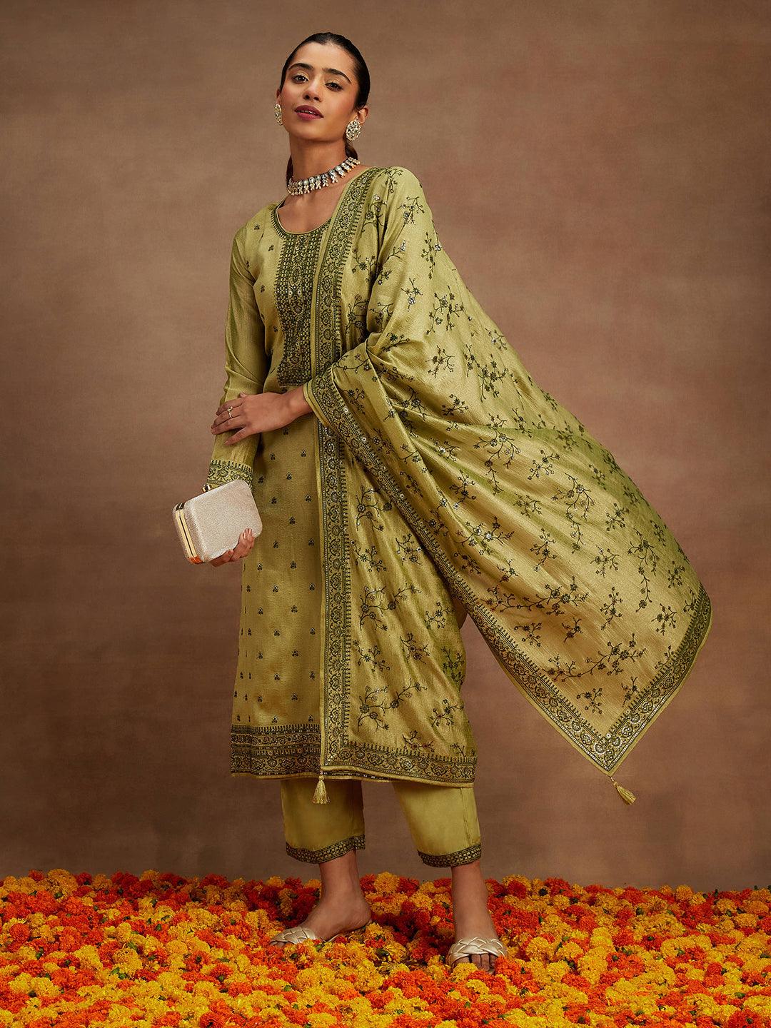 Sage Green Embroidered Silk Blend Straight Kurta With Trousers & Dupatta - ShopLibas 