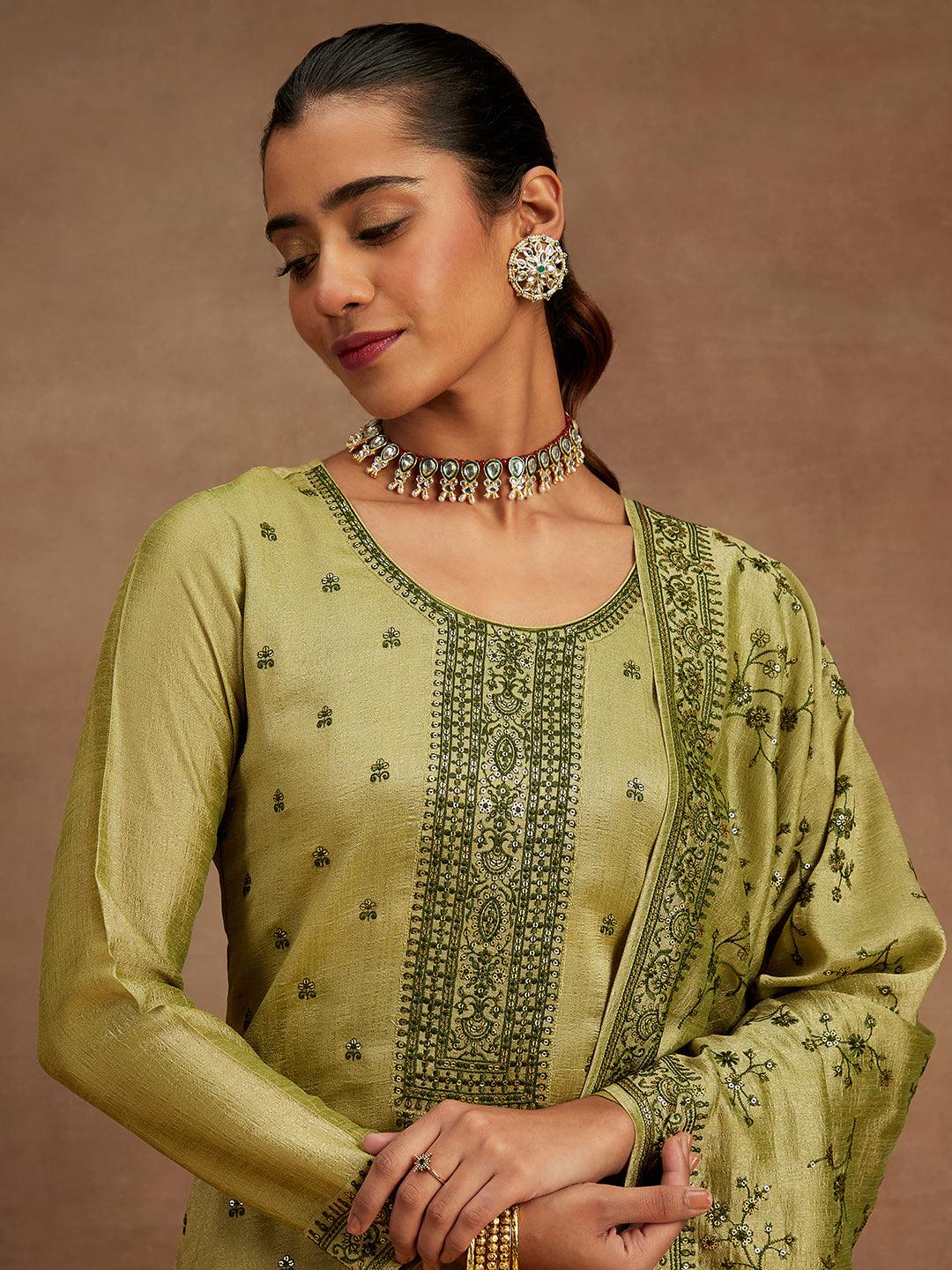 Sage Green Embroidered Silk Blend Straight Kurta With Trousers & Dupatta - ShopLibas 