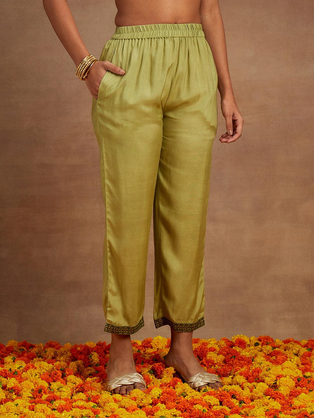 Sage Green Embroidered Silk Blend Straight Kurta With Trousers & Dupatta - ShopLibas 