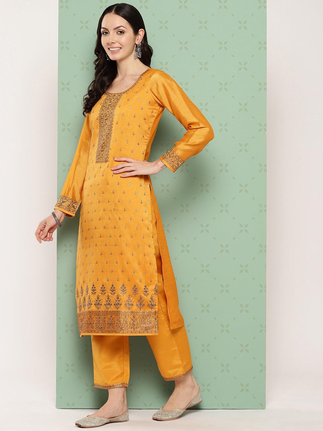 Amber Embroidered Silk Blend Straight Kurta With Trousers & Dupatta - ShopLibas
