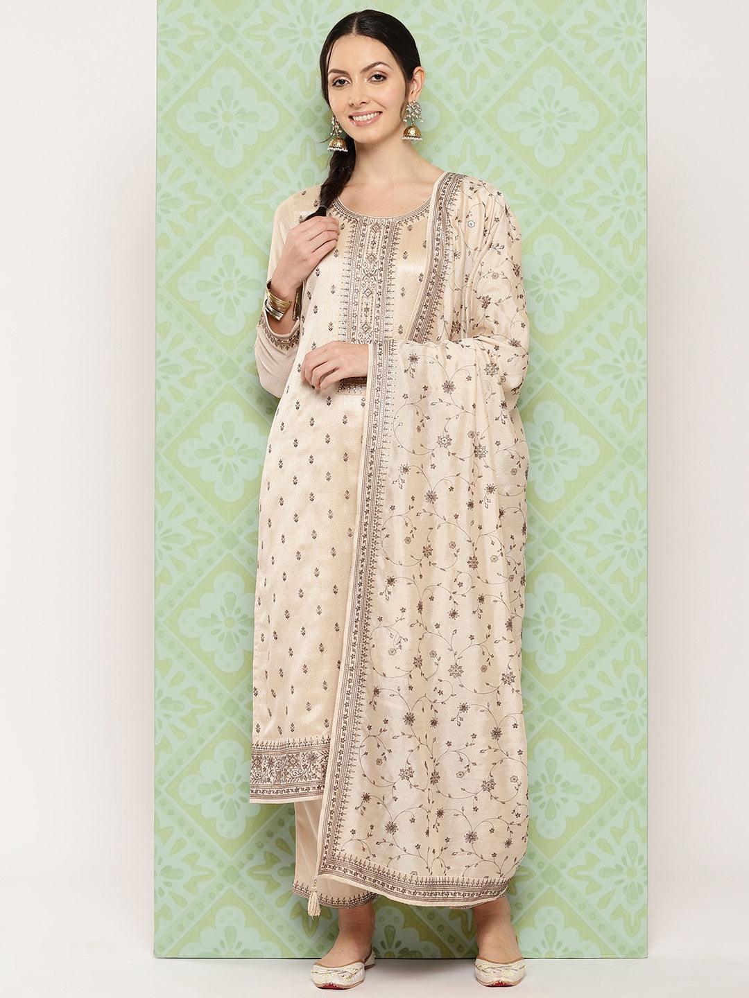 Beige Embroidered Silk Blend Straight Kurta With Trousers & Dupatta - ShopLibas 