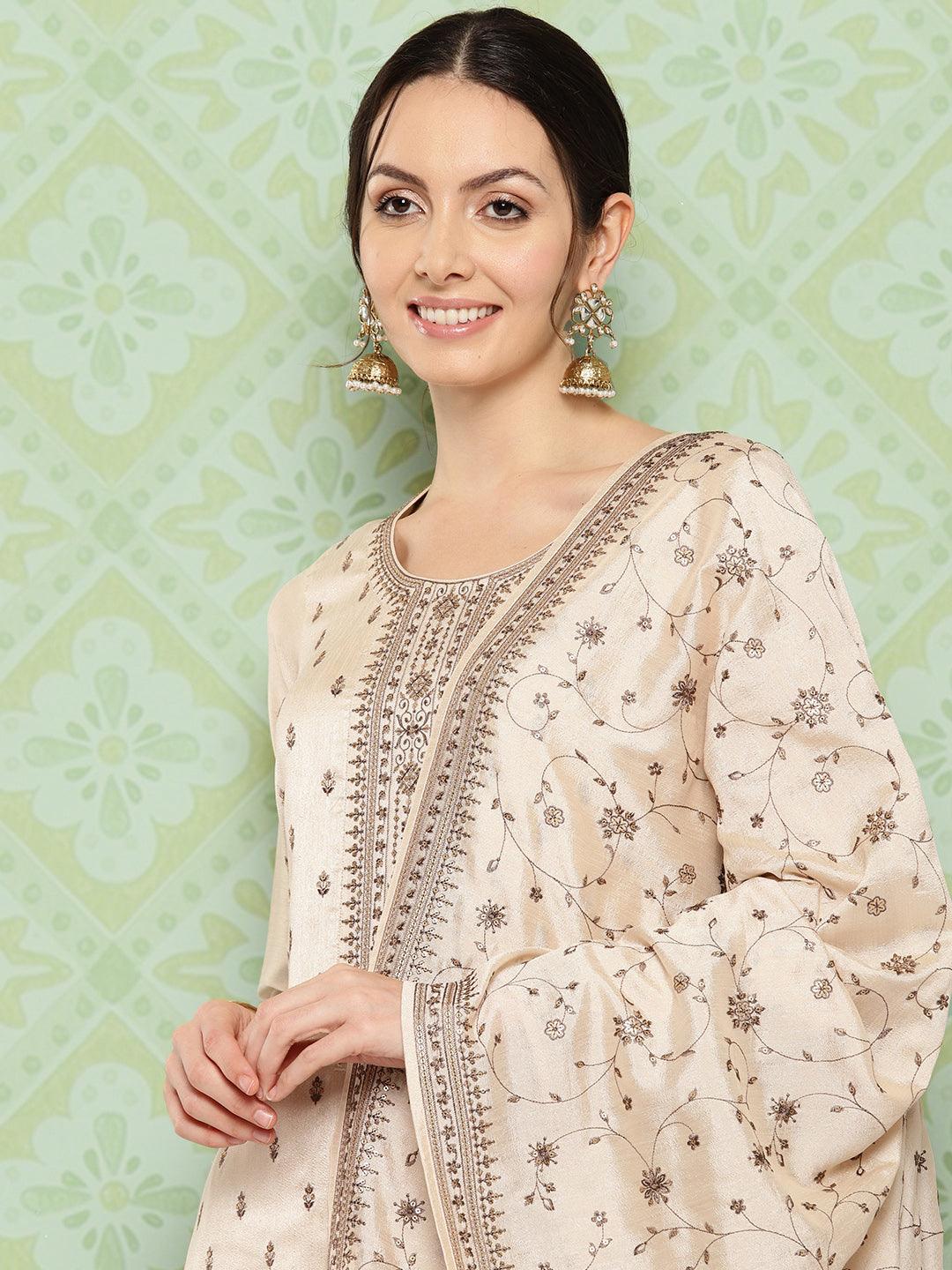 Beige Embroidered Silk Blend Straight Kurta With Trousers & Dupatta - ShopLibas 