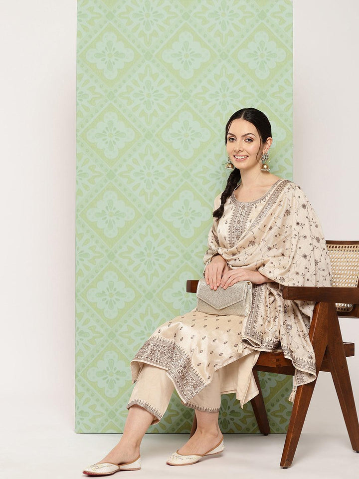 Beige Embroidered Silk Blend Straight Suit With Dupatta