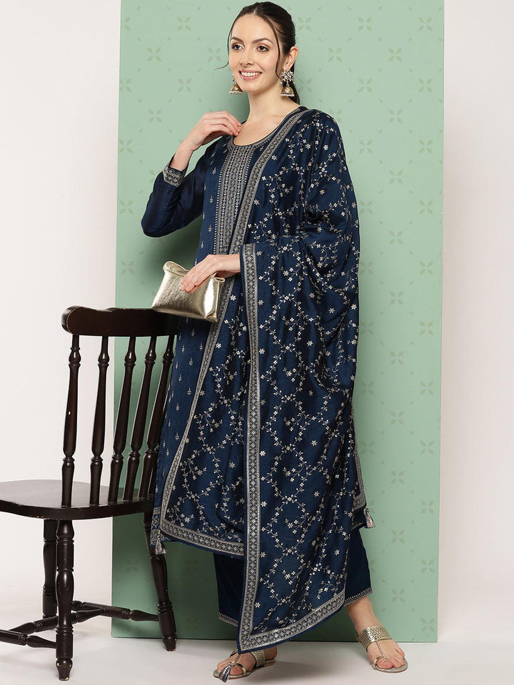 Navy Blue Embroidered Silk Blend Straight Kurta With Trousers & Dupatta - ShopLibas