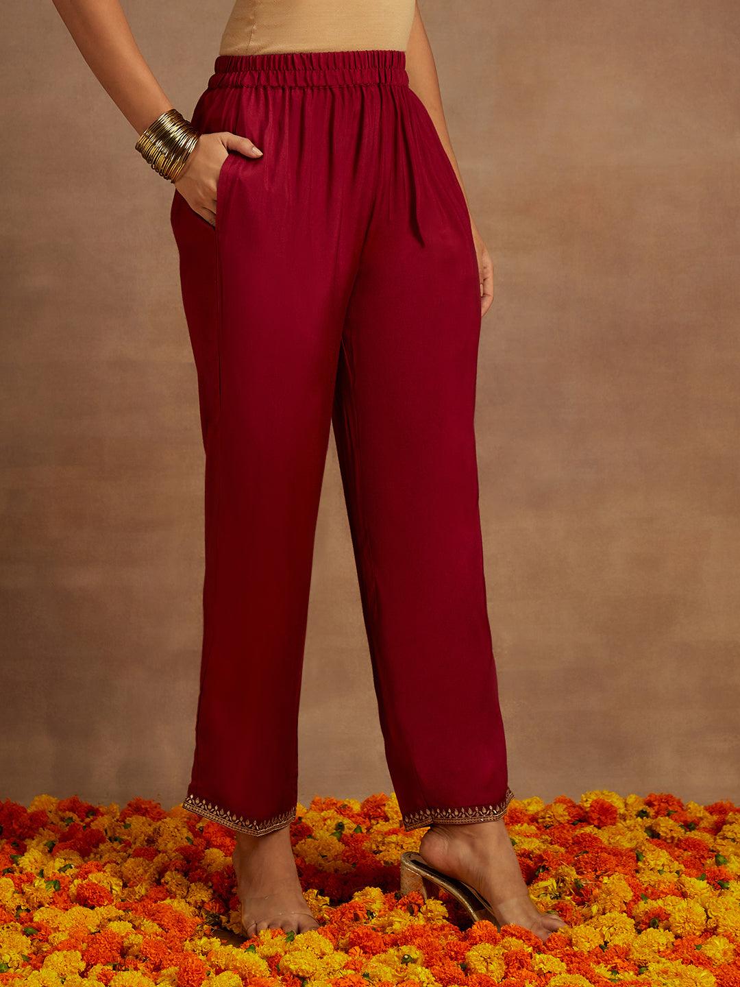 Fuchsia Embroidered Silk Blend Straight Kurta With Trousers & Dupatta - ShopLibas