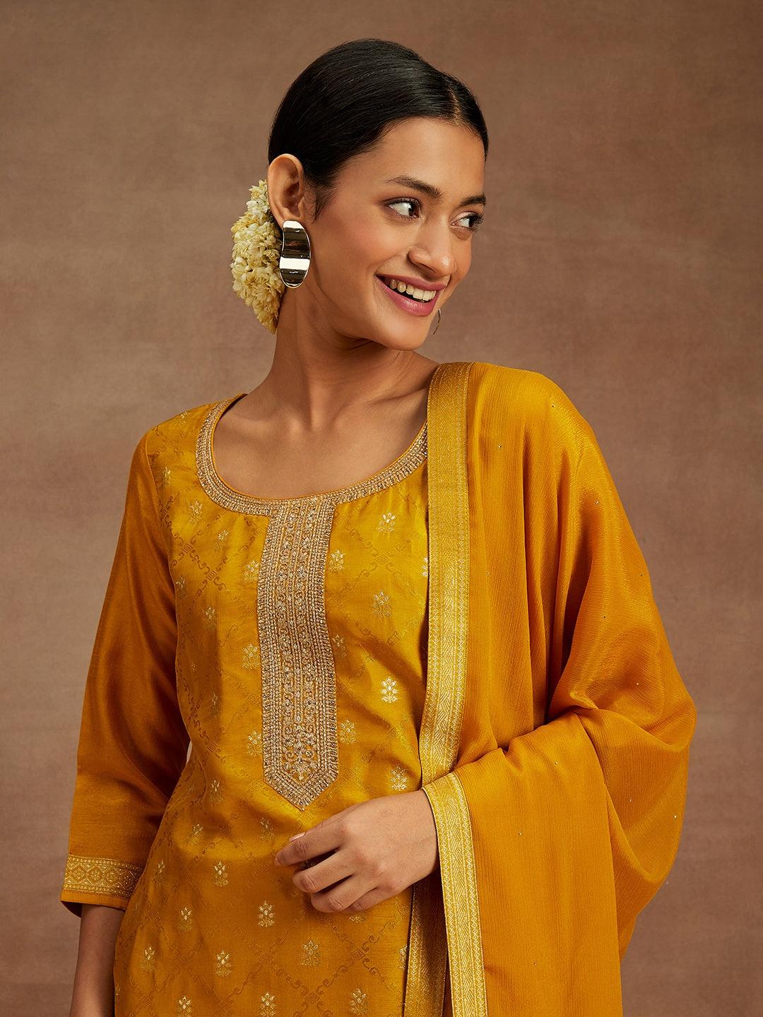 Mustard Printed Silk Blend Straight Kurta With Trousers & Dupatta - ShopLibas 