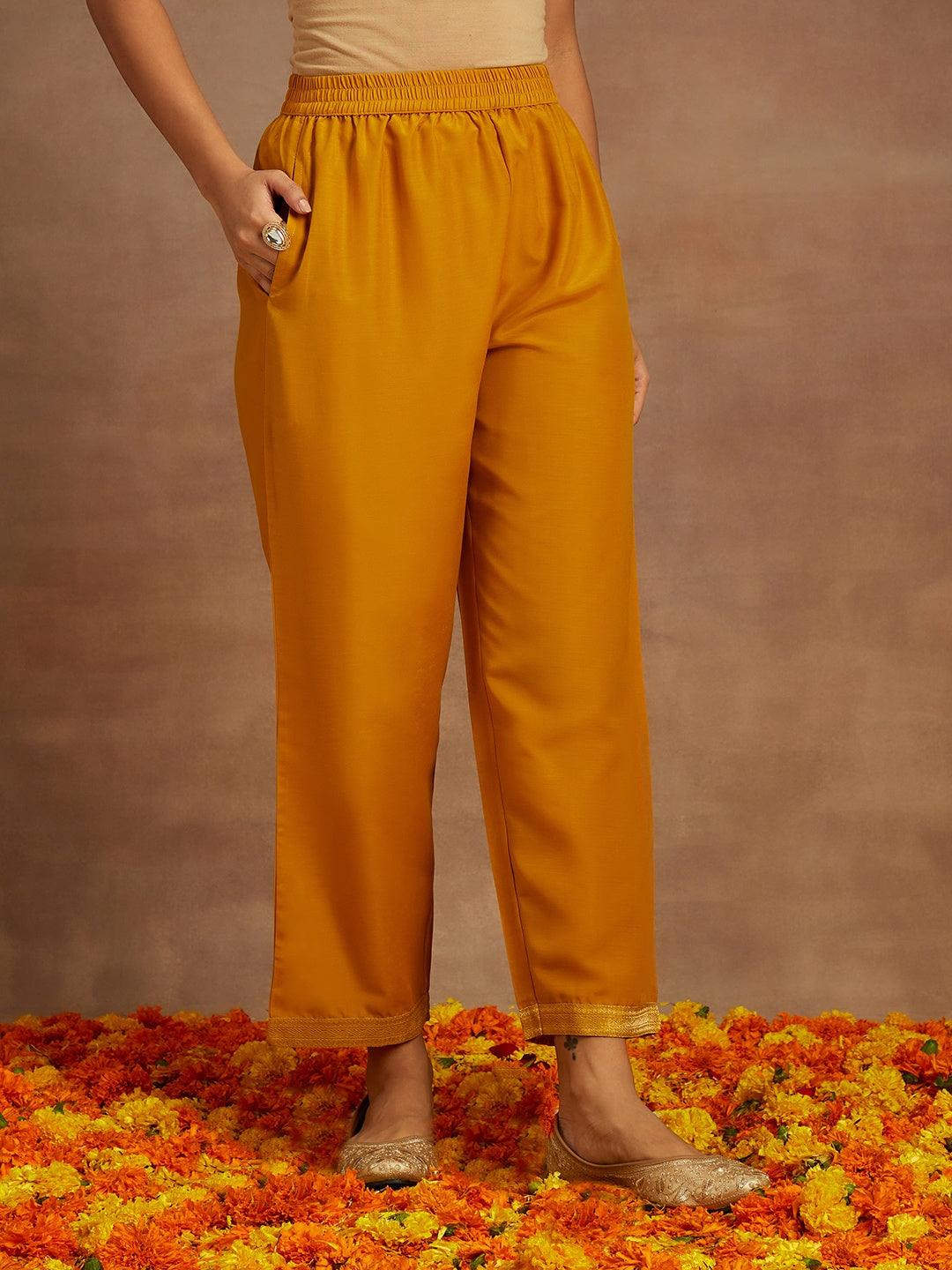 Mustard Printed Silk Blend Straight Kurta With Trousers & Dupatta - ShopLibas 