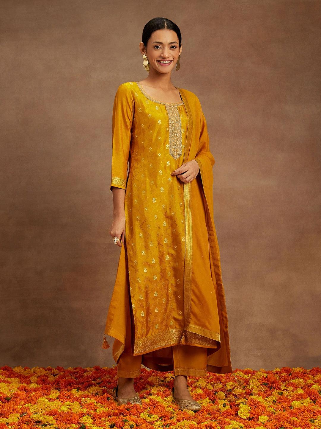 Mustard Printed Silk Blend Straight Kurta With Trousers & Dupatta - ShopLibas 