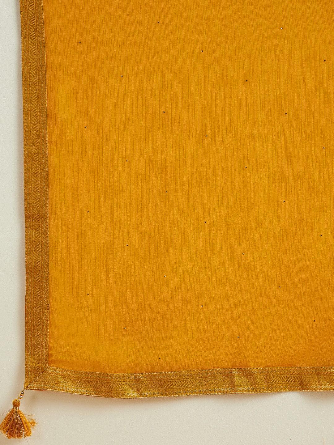 Mustard Printed Silk Blend Straight Kurta With Trousers & Dupatta - ShopLibas 