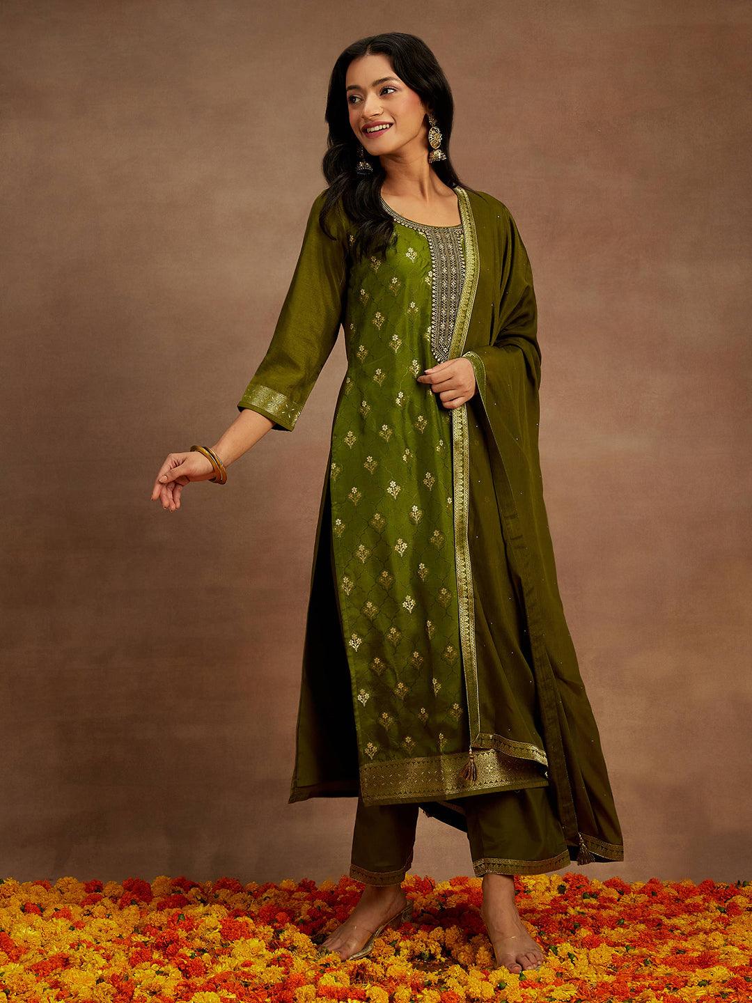 Olive Woven Design Silk Blend Straight Kurta With Trousers & Dupatta - ShopLibas