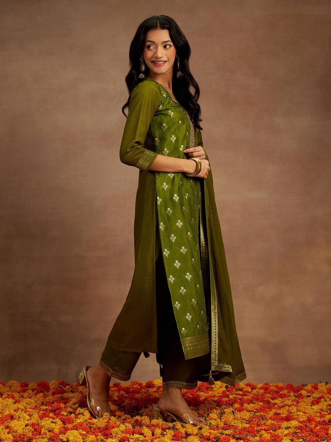 Olive Woven Design Silk Blend Straight Kurta With Trousers & Dupatta - ShopLibas