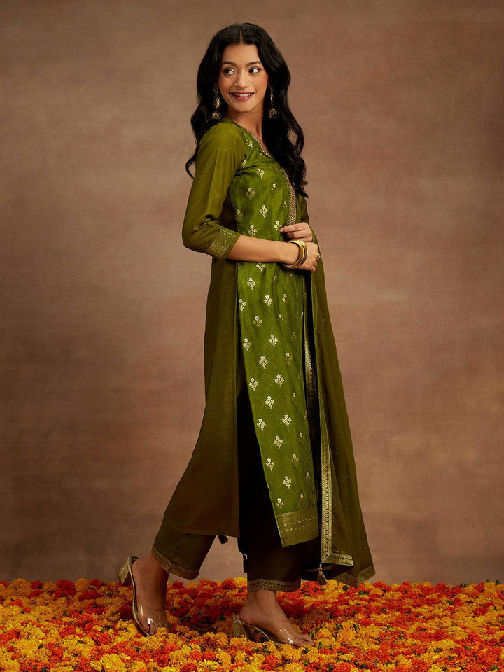 Olive Woven Design Silk Blend Straight Kurta With Trousers & Dupatta - ShopLibas