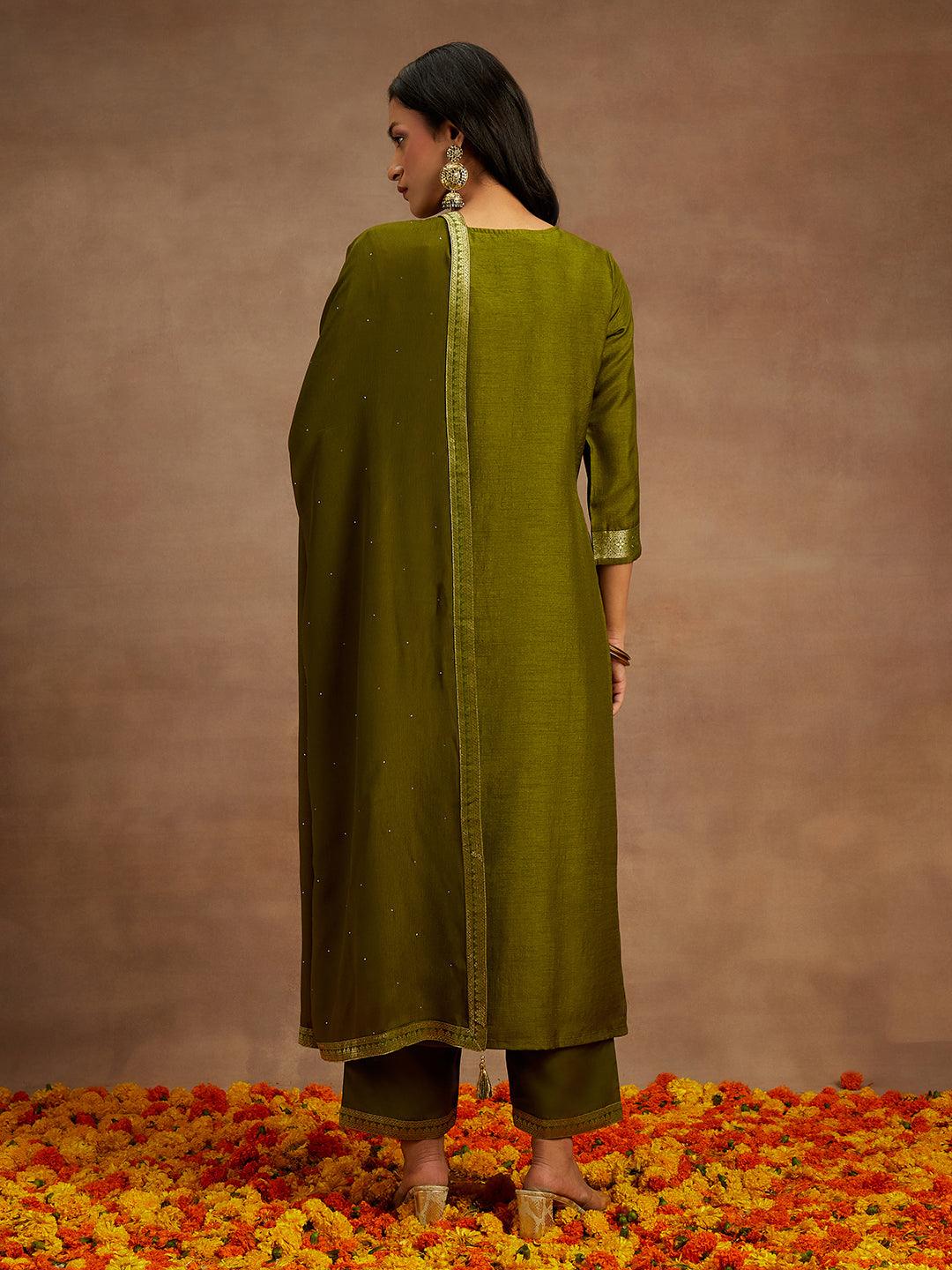 Olive Woven Design Silk Blend Straight Kurta With Trousers & Dupatta - ShopLibas