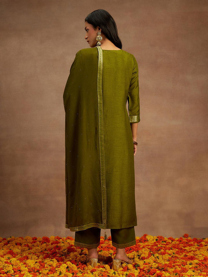 Olive Woven Design Silk Blend Straight Kurta With Trousers & Dupatta - ShopLibas