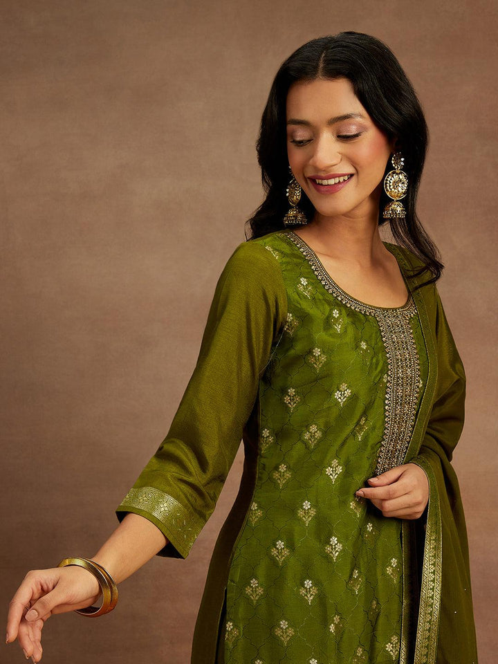 Olive Woven Design Silk Blend Straight Kurta With Trousers & Dupatta - ShopLibas