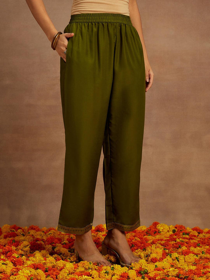 Olive Woven Design Silk Blend Straight Kurta With Trousers & Dupatta - ShopLibas