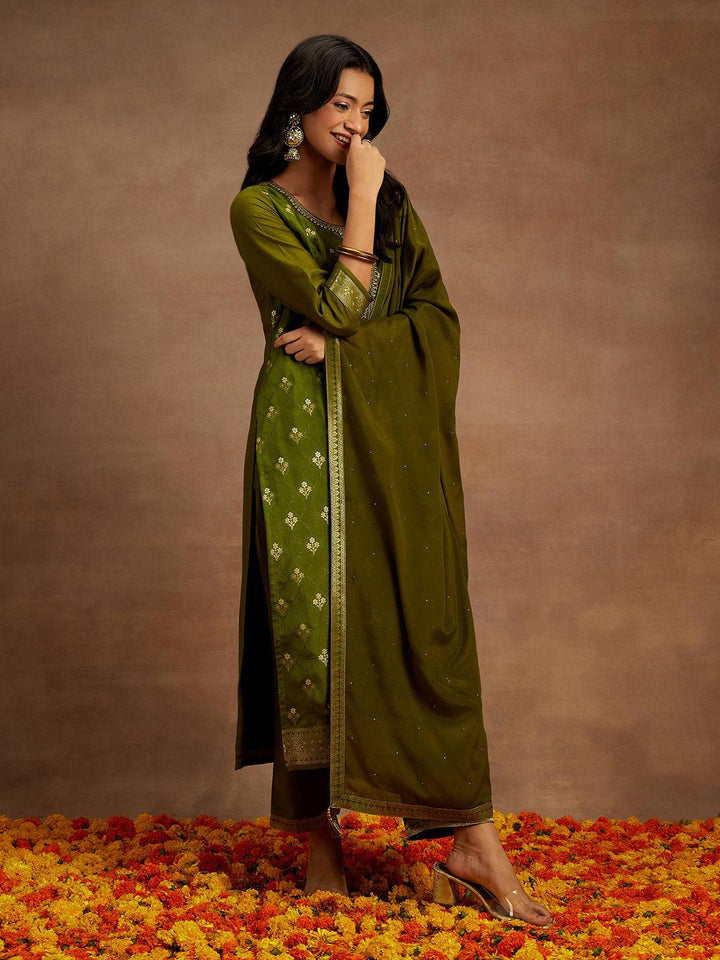 Olive Woven Design Silk Blend Straight Kurta With Trousers & Dupatta - ShopLibas