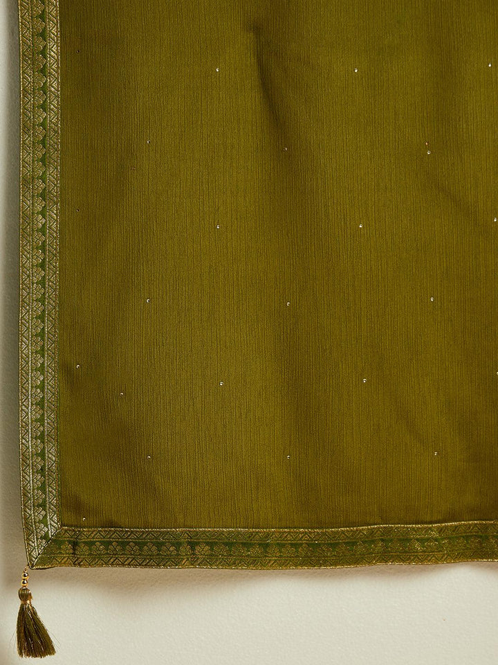 Olive Woven Design Silk Blend Straight Kurta With Trousers & Dupatta - ShopLibas