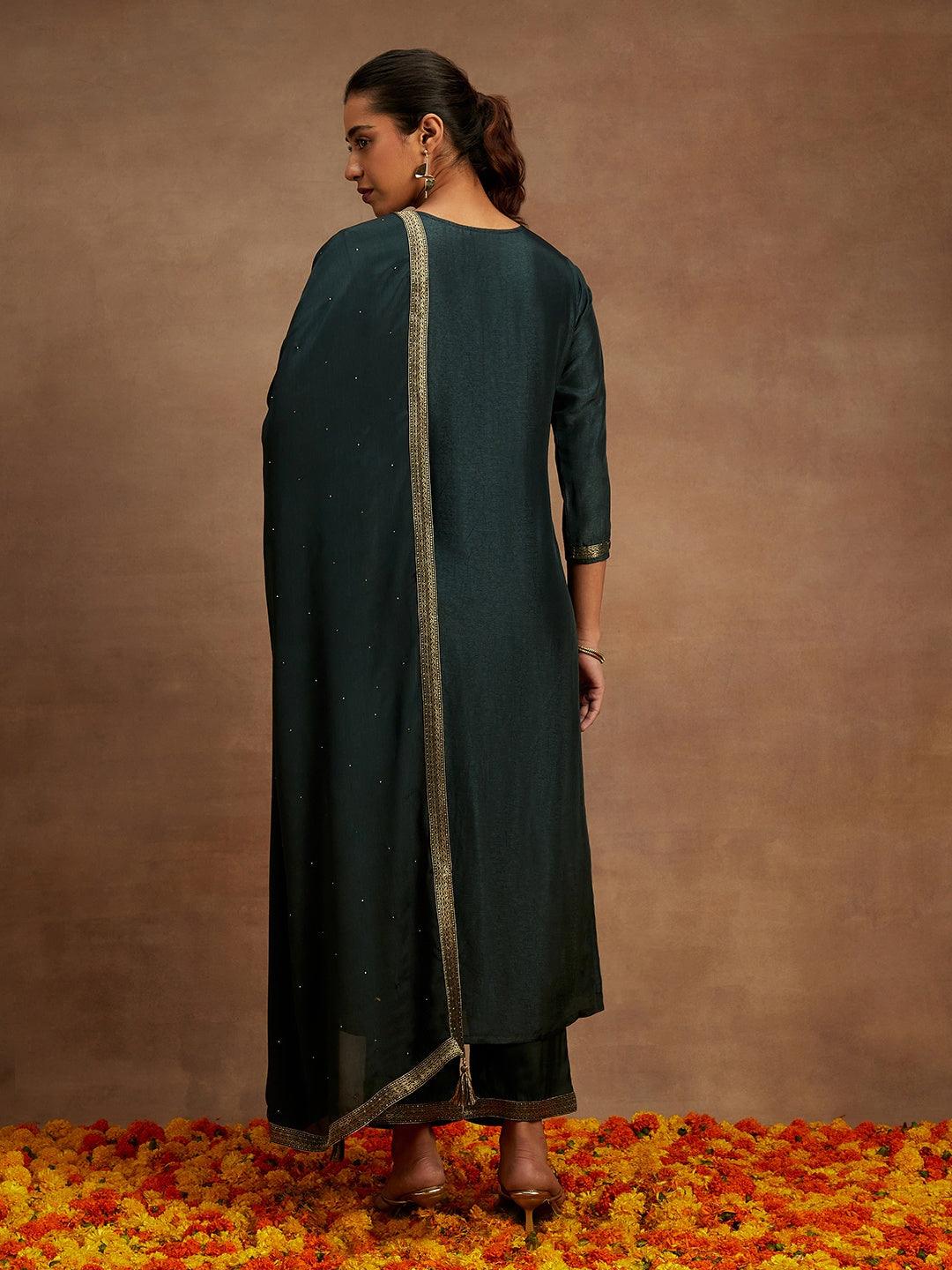 Charcoal Printed Silk Blend Straight Kurta With Trousers & Dupatta - ShopLibas 