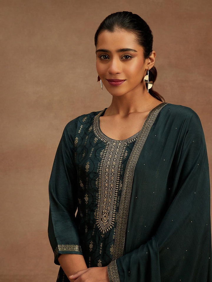 Charcoal Printed Silk Blend Straight Suit With Dupatta