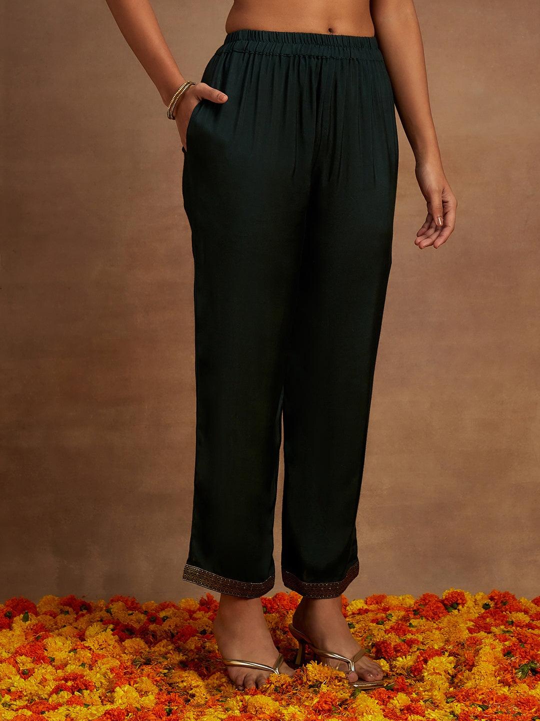 Charcoal Printed Silk Blend Straight Kurta With Trousers & Dupatta - ShopLibas 