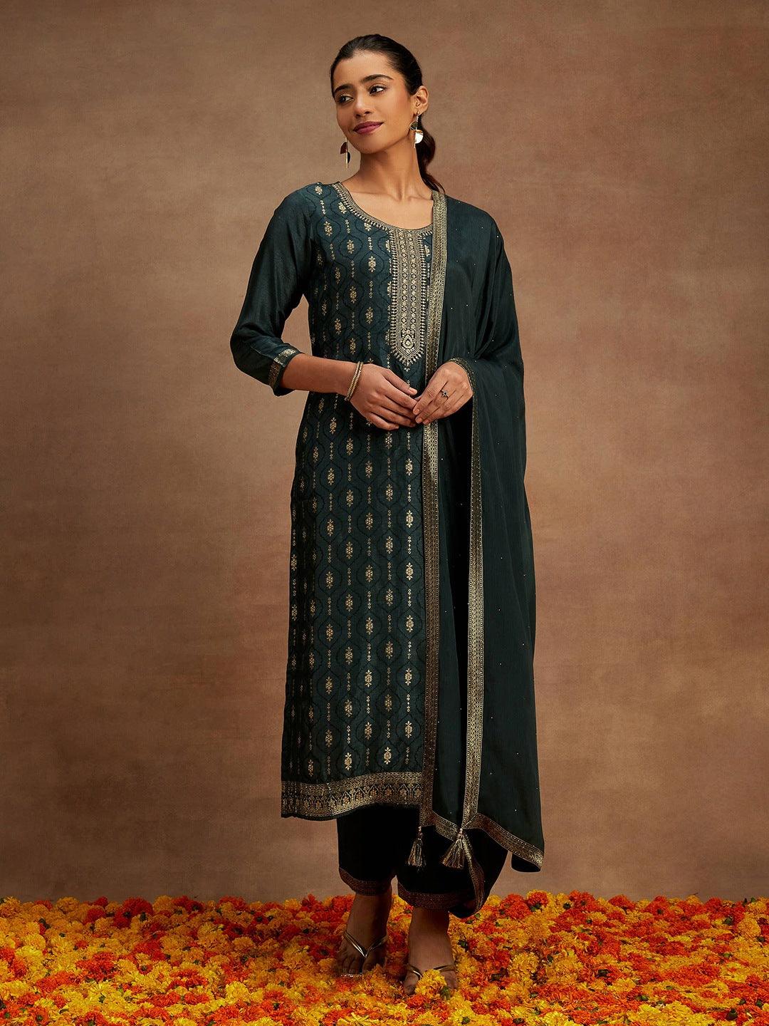 Charcoal Printed Silk Blend Straight Kurta With Trousers & Dupatta - ShopLibas 