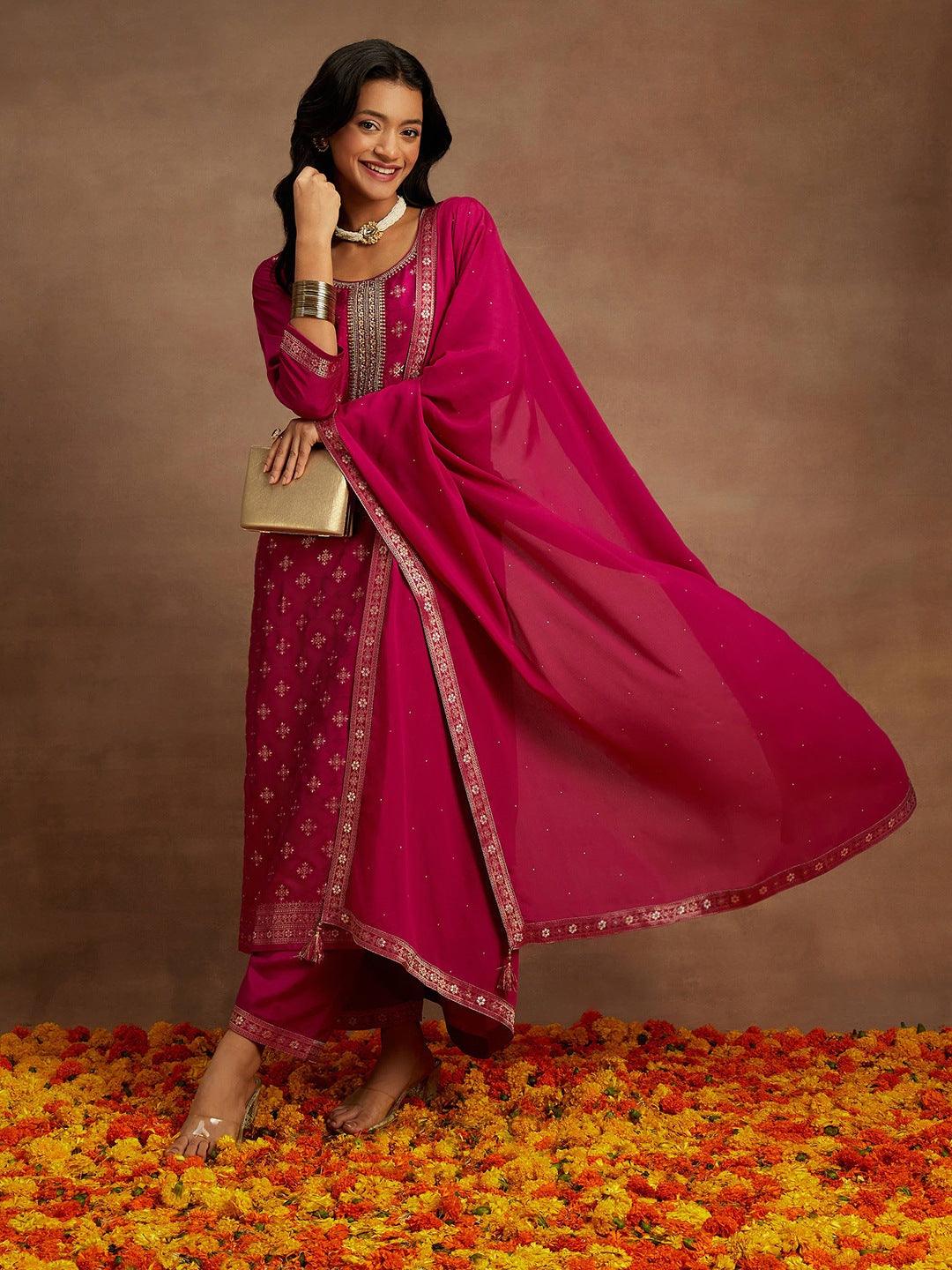 Magenta Woven Design Silk Blend Straight Kurta With Trousers & Dupatta - ShopLibas