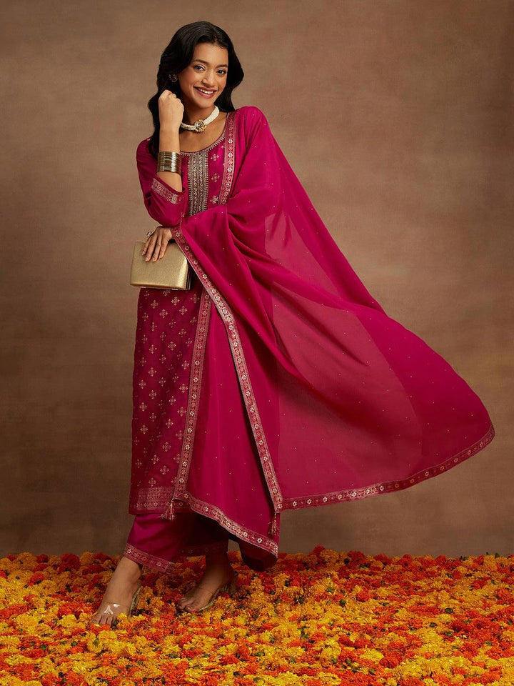 Magenta Woven Design Silk Blend Straight Kurta With Trousers & Dupatta - ShopLibas