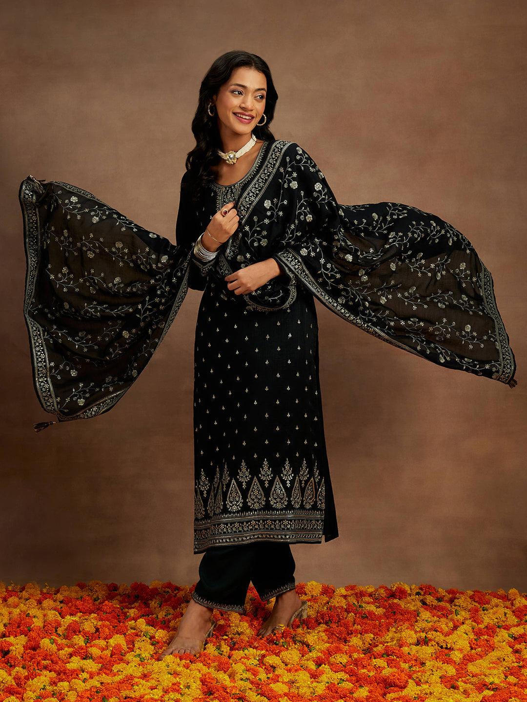 Black Embroidered Silk Blend Straight Kurta With Trousers & Dupatta - ShopLibas 