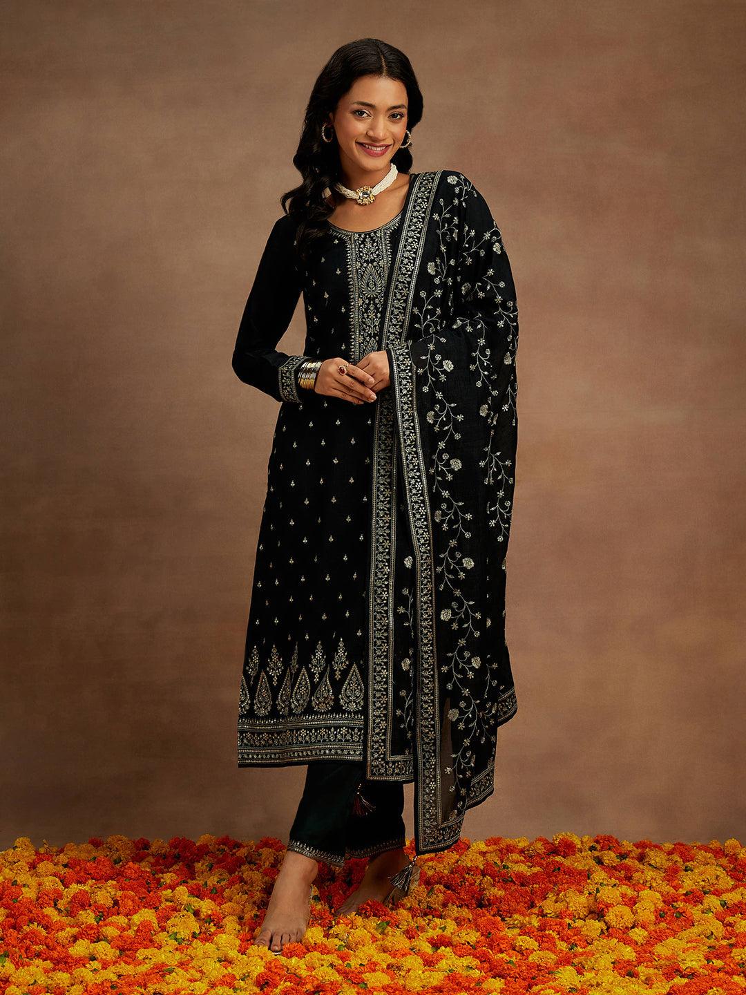 Black Embroidered Silk Blend Straight Kurta With Trousers & Dupatta - ShopLibas 