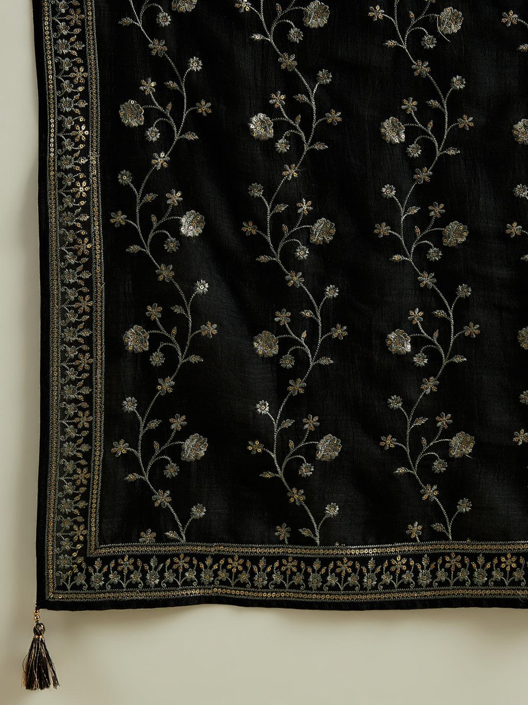 Black Embroidered Silk Blend Straight Kurta With Trousers & Dupatta - ShopLibas 