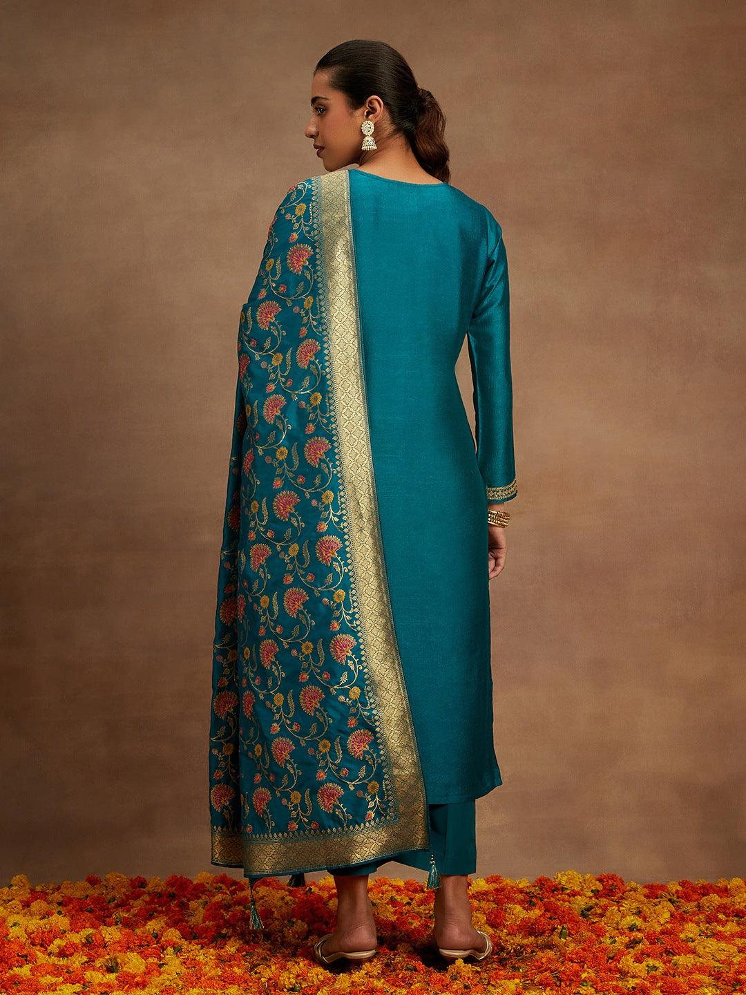 Teal Embroidered Silk Blend Straight Kurta With Trousers & Dupatta - ShopLibas