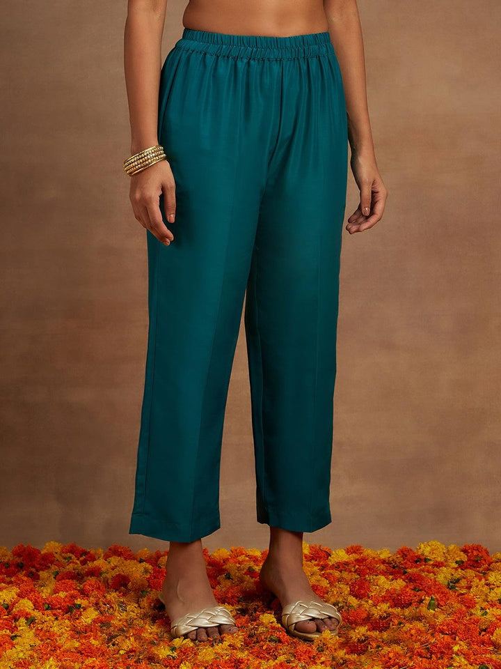 Teal Embroidered Silk Blend Straight Kurta With Trousers & Dupatta - ShopLibas