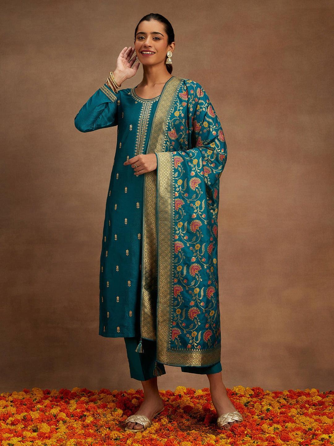 Teal Embroidered Silk Blend Straight Kurta With Trousers & Dupatta - ShopLibas