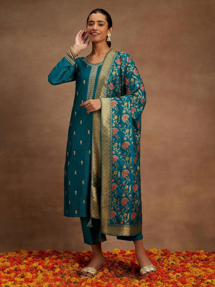 Teal Embroidered Silk Blend Straight Kurta With Trousers & Dupatta - ShopLibas