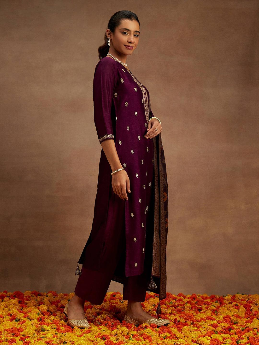 Burgundy Embroidered Silk Blend Straight Kurta With Trousers & Dupatta - ShopLibas 