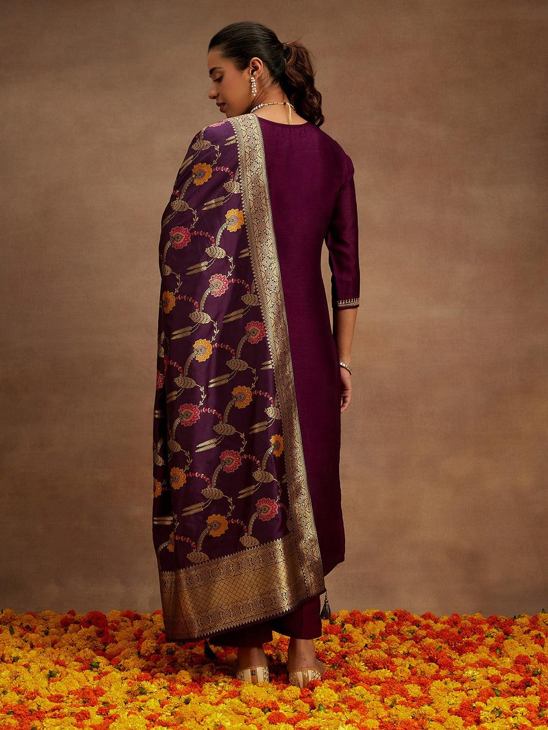 Burgundy Embroidered Silk Blend Straight Kurta With Trousers & Dupatta - ShopLibas 